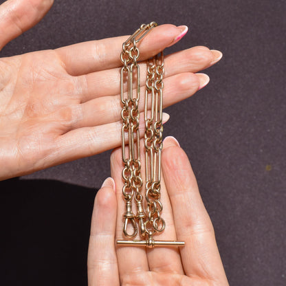 Antique '1902' 9ct Gold Trombone Link Albert Watch Chain Necklace | 16.75"