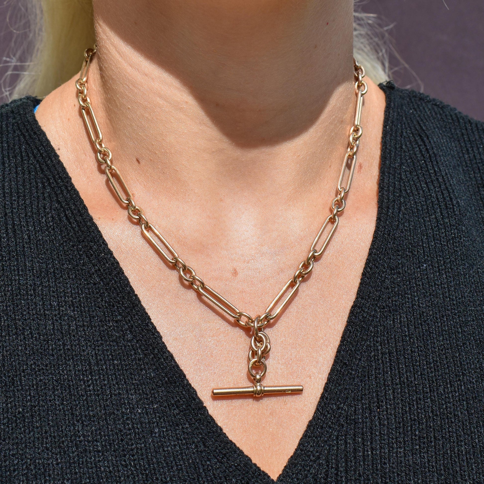 Antique '1902' 9ct Gold Trombone Link Albert Watch Chain Necklace | 16.75"