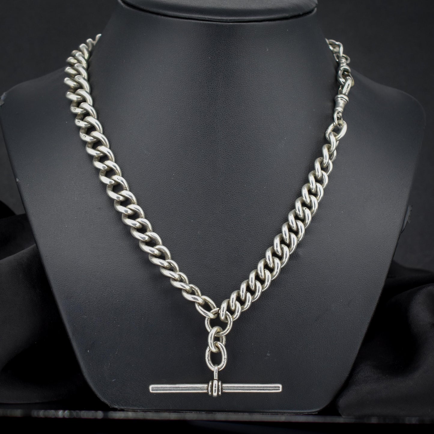 Antique 99g Sterling Silver Chunky Curb Link Albert Watch Chain Necklace – 18"