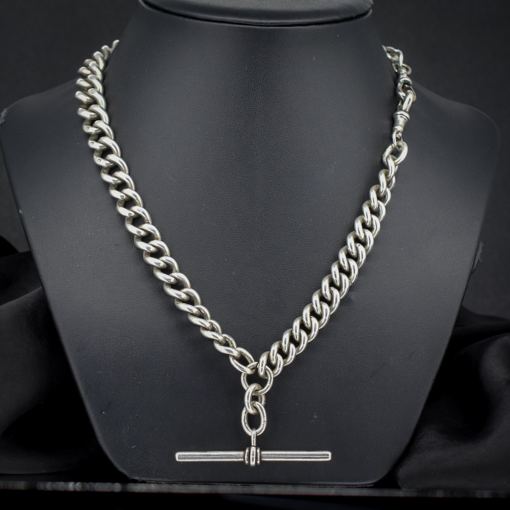 Antique 99g Sterling Silver Chunky Curb Link Albert Watch Chain Necklace – 18"