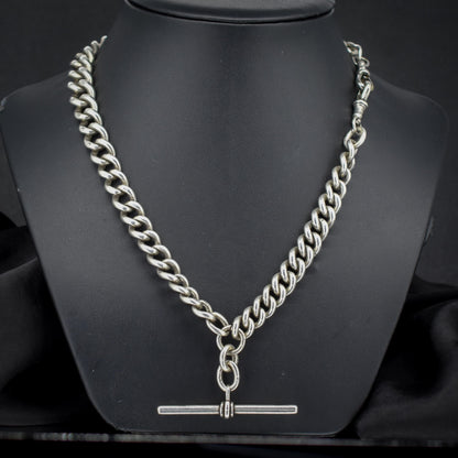Antique 99g Sterling Silver Chunky Curb Link Albert Watch Chain Necklace – 18"