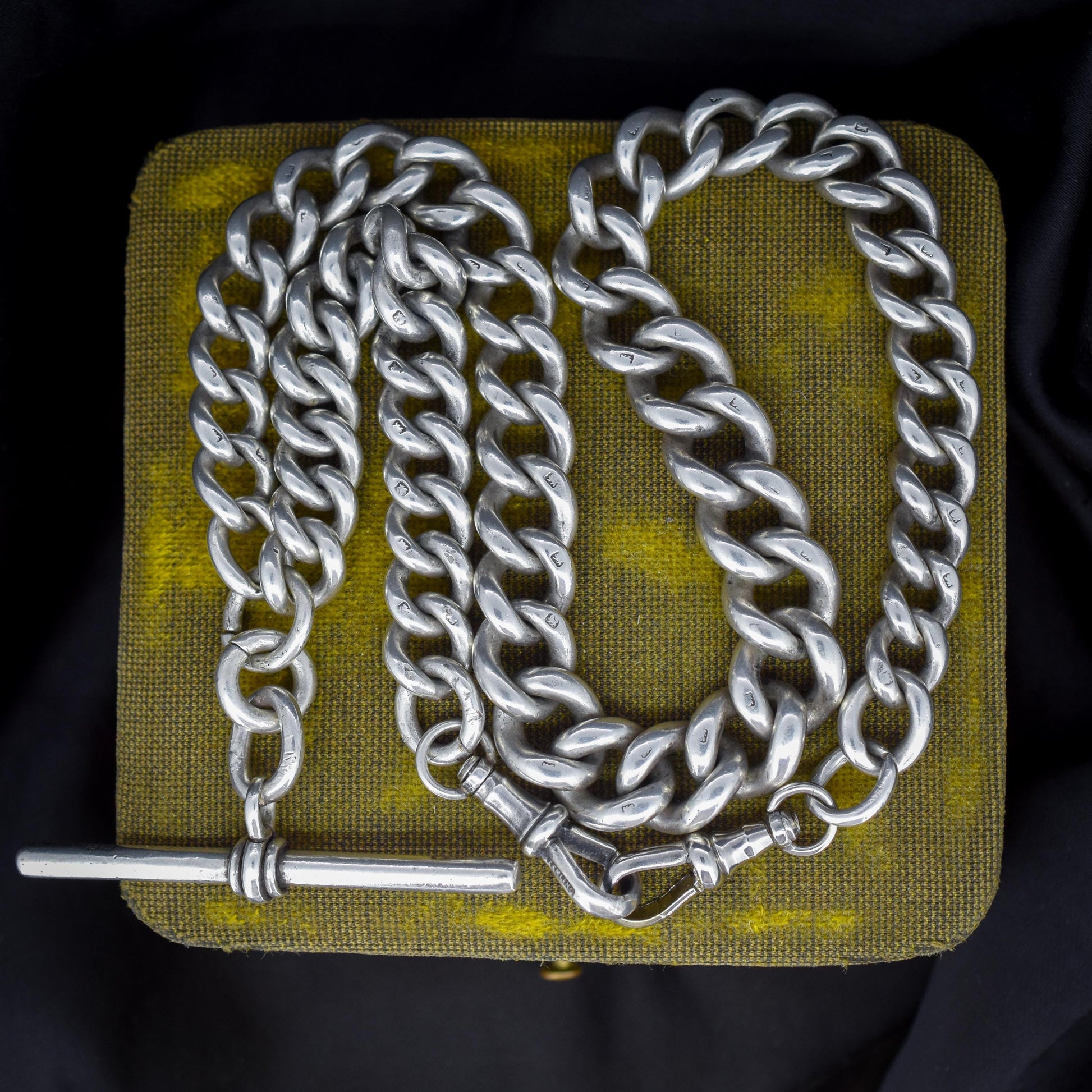 Antique 99g Sterling Silver Chunky Curb Link Albert Watch Chain Necklace – 18"