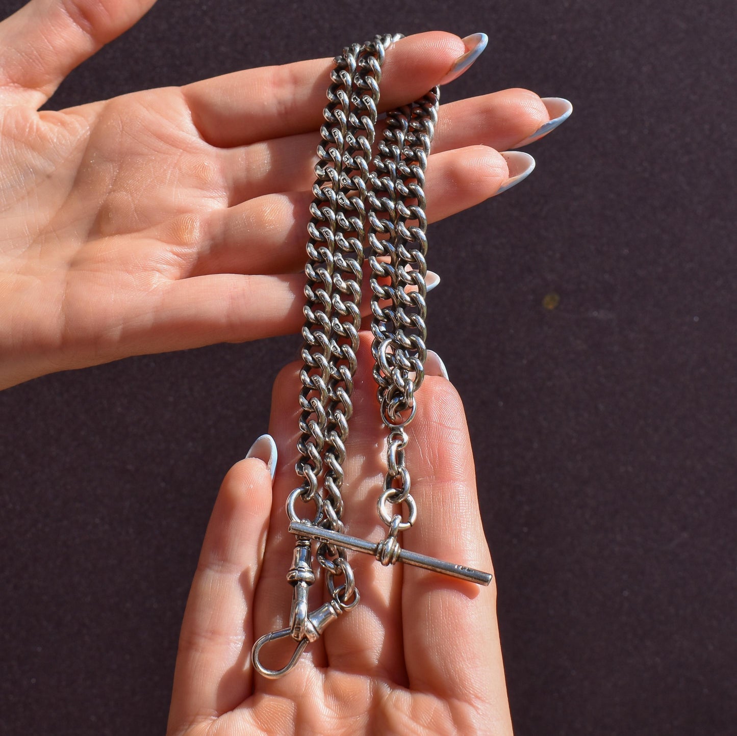 Antique 19" Sterling Silver Uniform Curb Link Double Albert Watch Chain
