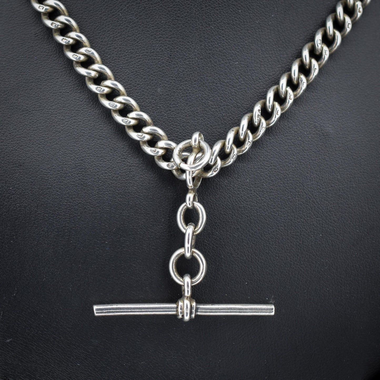 Antique 19" Sterling Silver Uniform Curb Link Double Albert Watch Chain