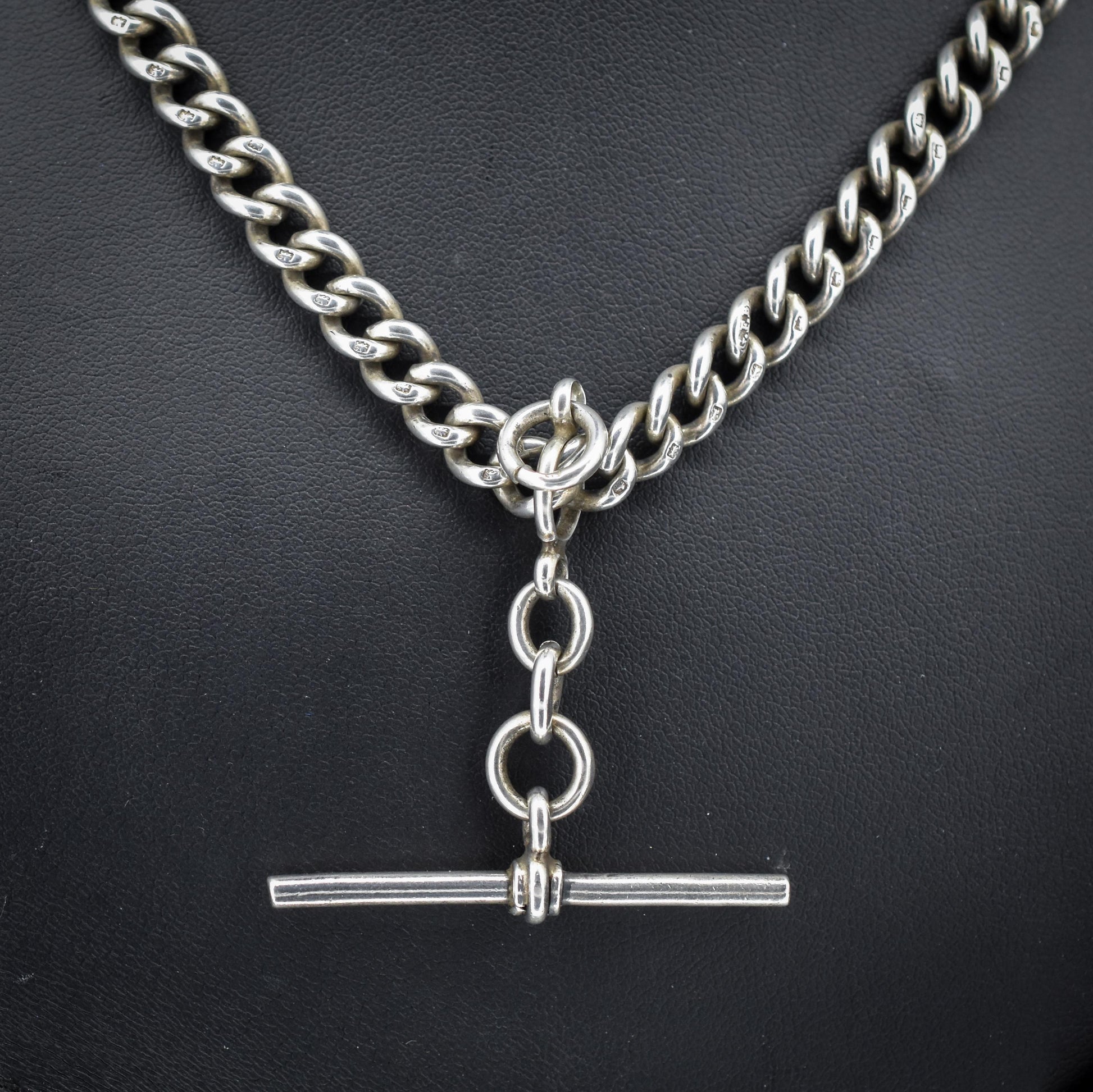Antique 19" Sterling Silver Uniform Curb Link Double Albert Watch Chain