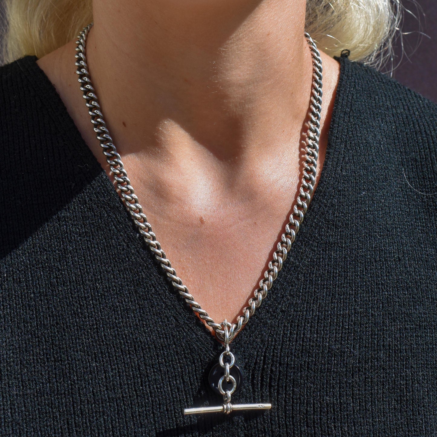 Antique 19" Sterling Silver Uniform Curb Link Double Albert Watch Chain