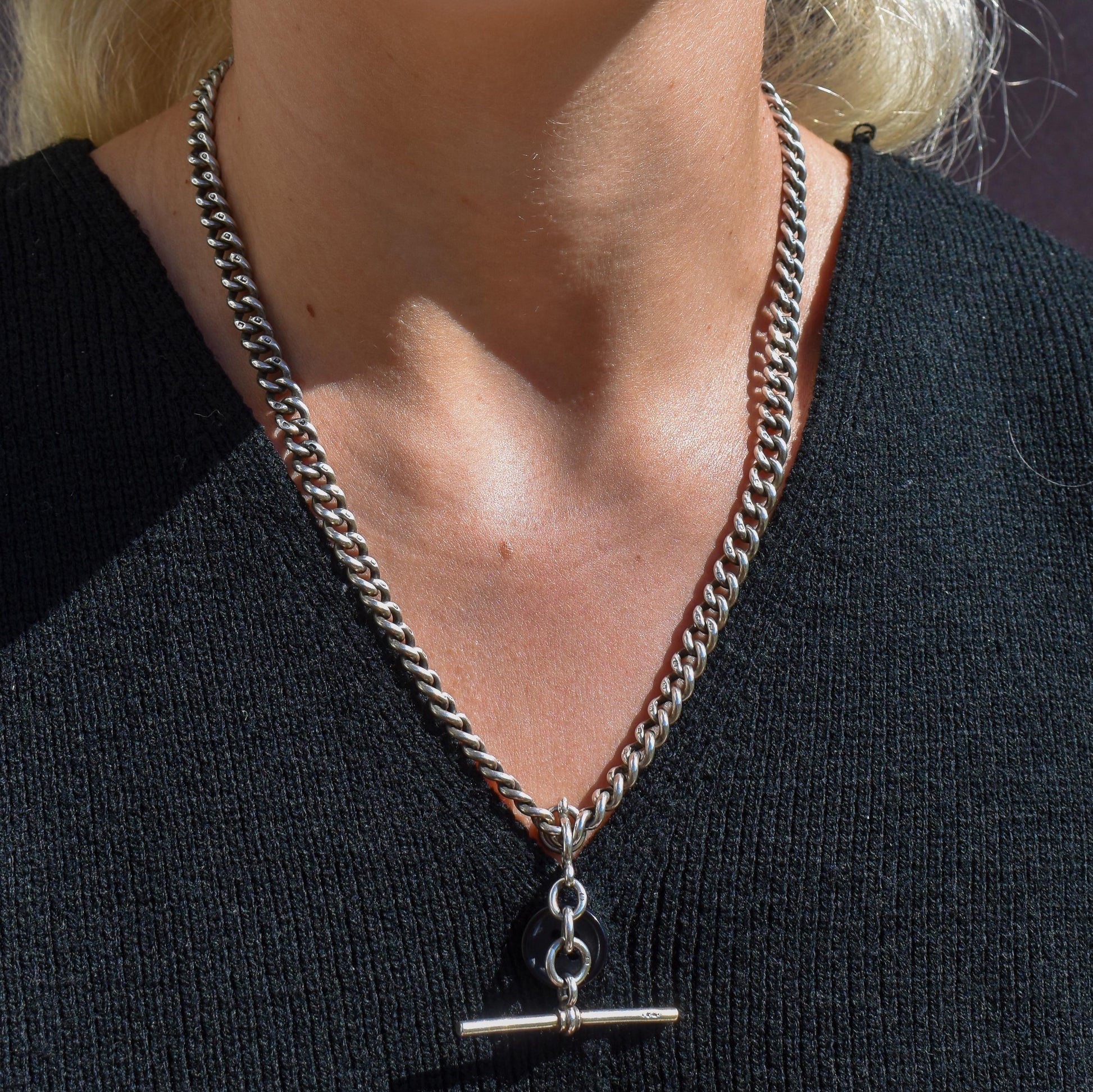 Antique 19" Sterling Silver Uniform Curb Link Double Albert Watch Chain