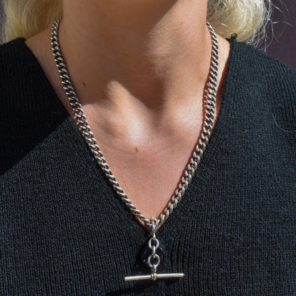 Antique 19" Sterling Silver Uniform Curb Link Double Albert Watch Chain