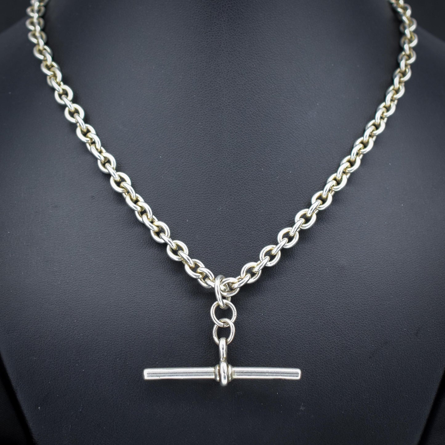 Vintage Sterling Silver Oval Cable Link Watch Chain Necklace with T-Bar and Dog Clips – 16.5"