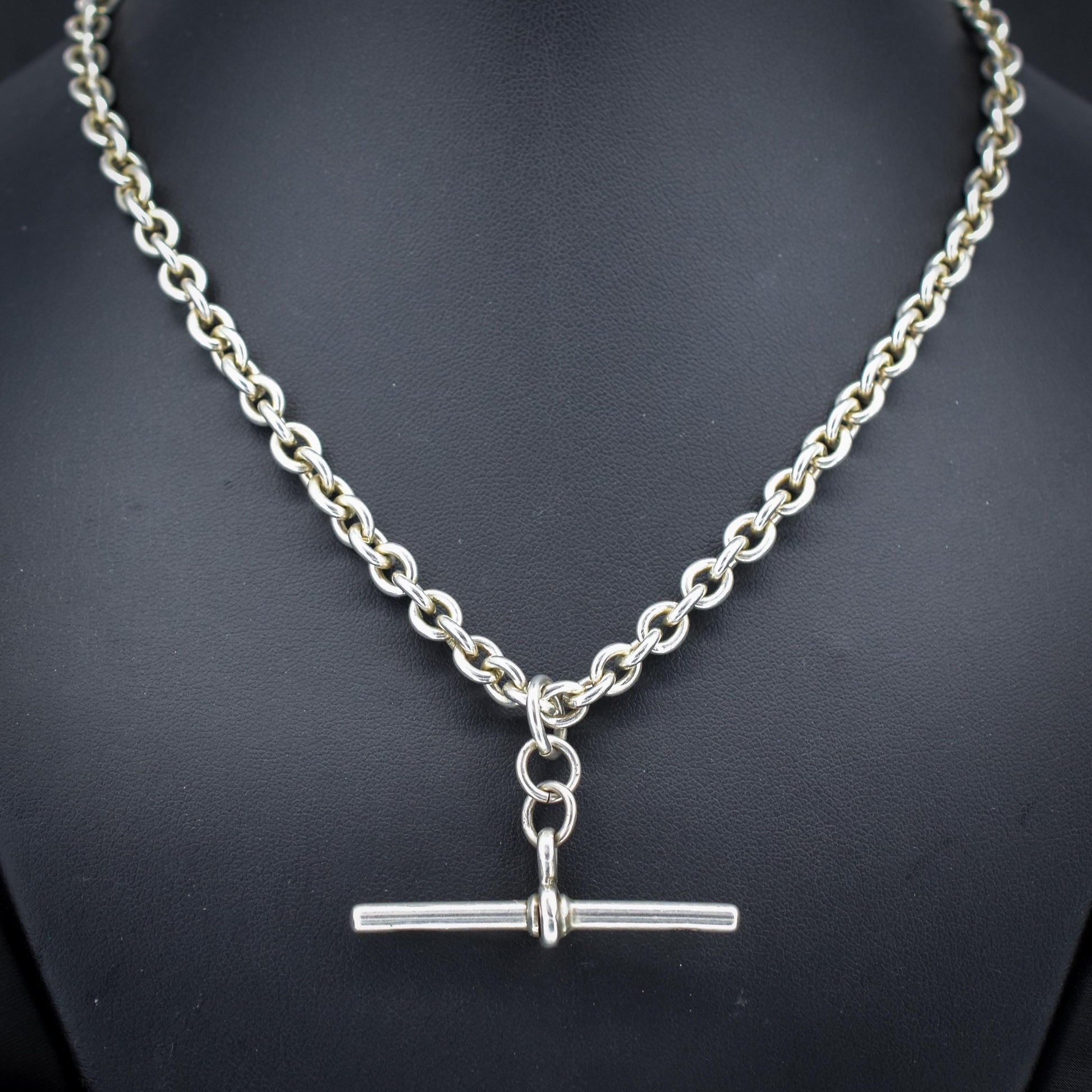 Vintage Sterling Silver Oval Cable Link Watch Chain Necklace with T-Bar and Dog Clips – 16.5"