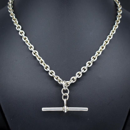 Vintage Sterling Silver Oval Cable Link Watch Chain Necklace with T-Bar and Dog Clips – 16.5"