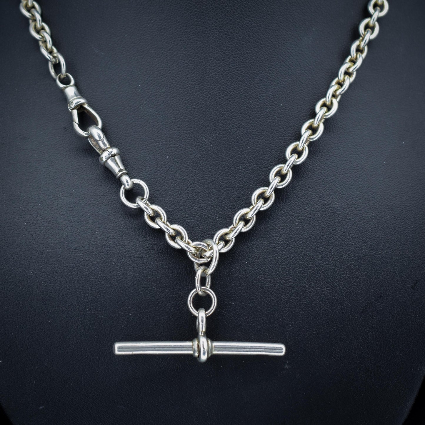 Vintage Sterling Silver Oval Cable Link Watch Chain Necklace with T-Bar and Dog Clips – 16.5"