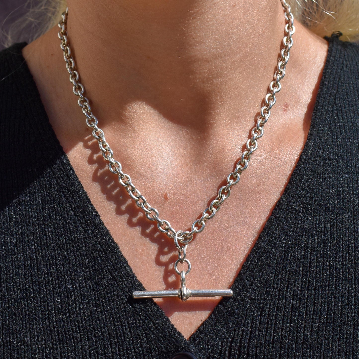 Vintage Sterling Silver Oval Cable Link Watch Chain Necklace with T-Bar and Dog Clips – 16.5"