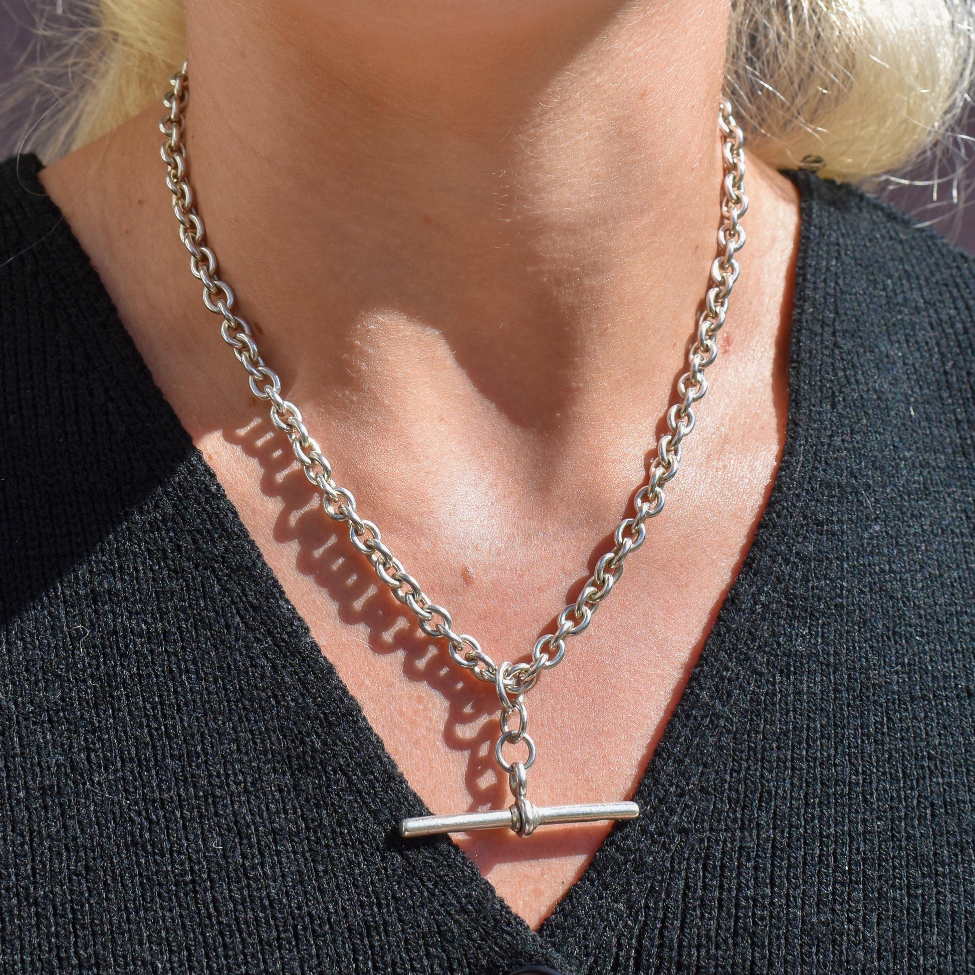 Vintage Sterling Silver Oval Cable Link Watch Chain Necklace with T-Bar and Dog Clips – 16.5"