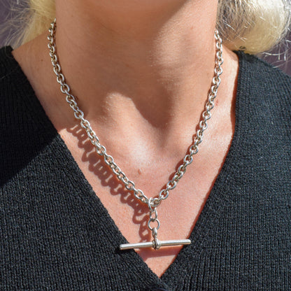 Vintage Sterling Silver Oval Cable Link Watch Chain Necklace with T-Bar and Dog Clips – 16.5"