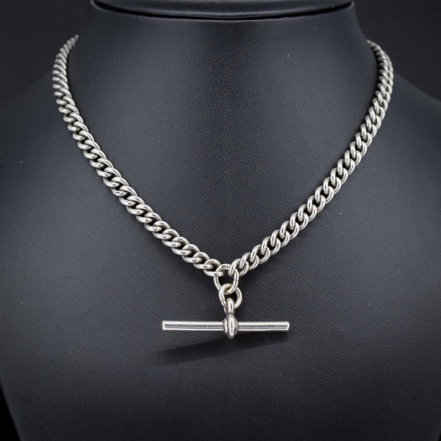 Antique '1919' Sterling Silver Uniform Curb Link Albert Watch Chain Necklace – 15.25"