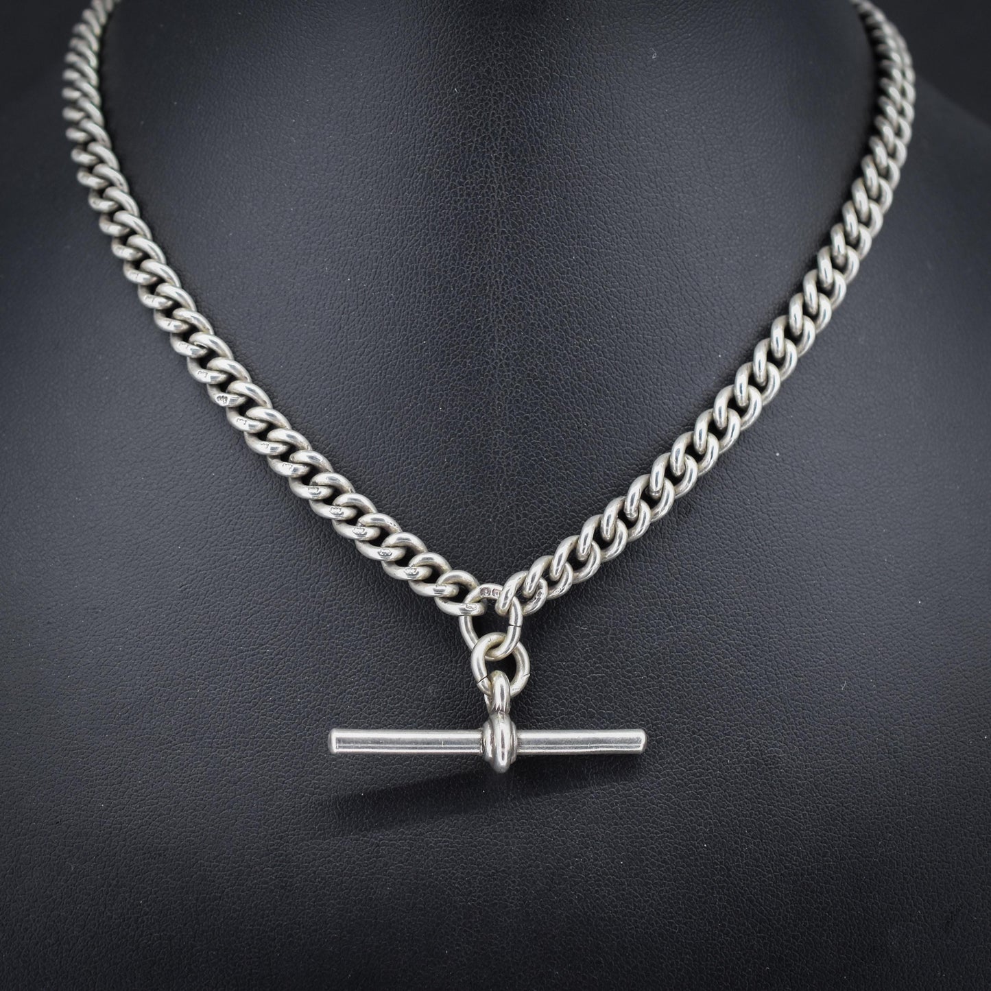 Antique '1919' Sterling Silver Uniform Curb Link Albert Watch Chain Necklace – 15.25"