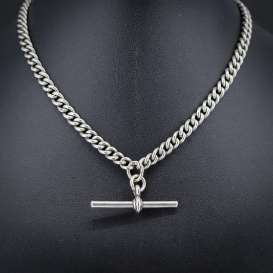 Antique '1919' Sterling Silver Uniform Curb Link Albert Watch Chain Necklace – 15.25"