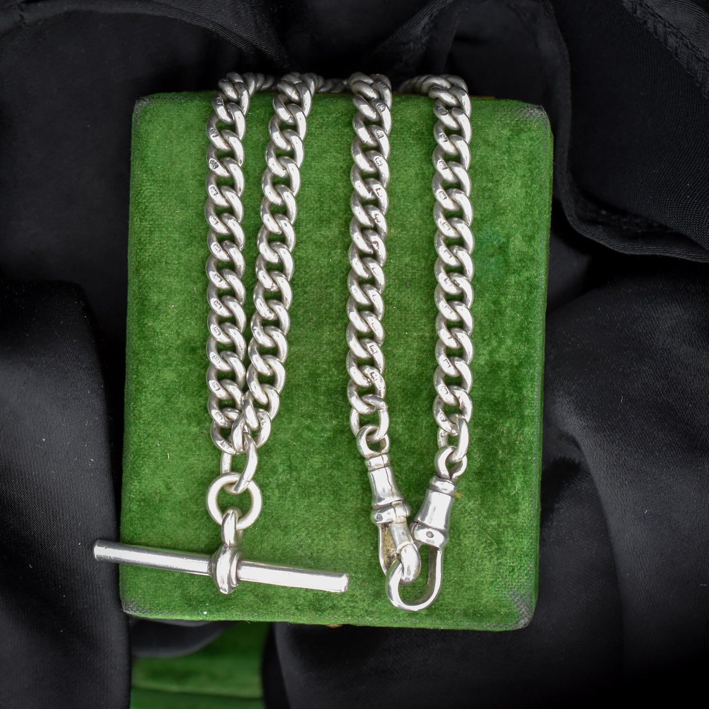 Antique '1919' Sterling Silver Uniform Curb Link Albert Watch Chain Necklace – 15.25"
