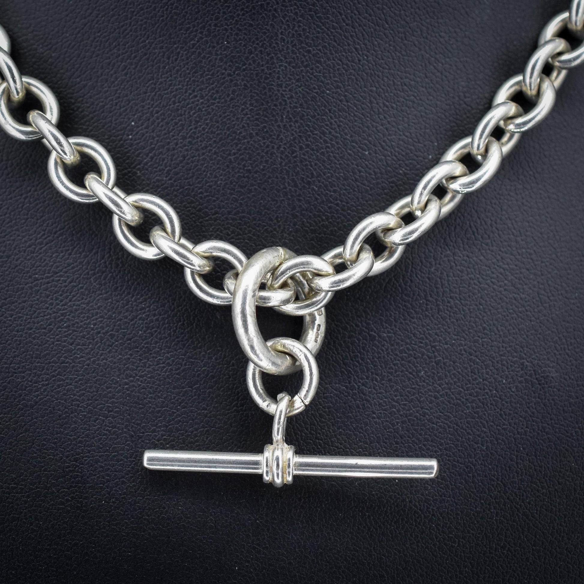 Vintage Sterling Silver Cable Link Watch Chain Necklace with T-Bar and Dog Clips – 15.5"