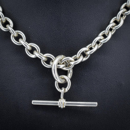 Vintage Sterling Silver Cable Link Watch Chain Necklace with T-Bar and Dog Clips – 15.5"