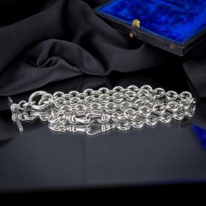 Vintage Sterling Silver Cable Link Watch Chain Necklace with T-Bar and Dog Clips – 15.5"