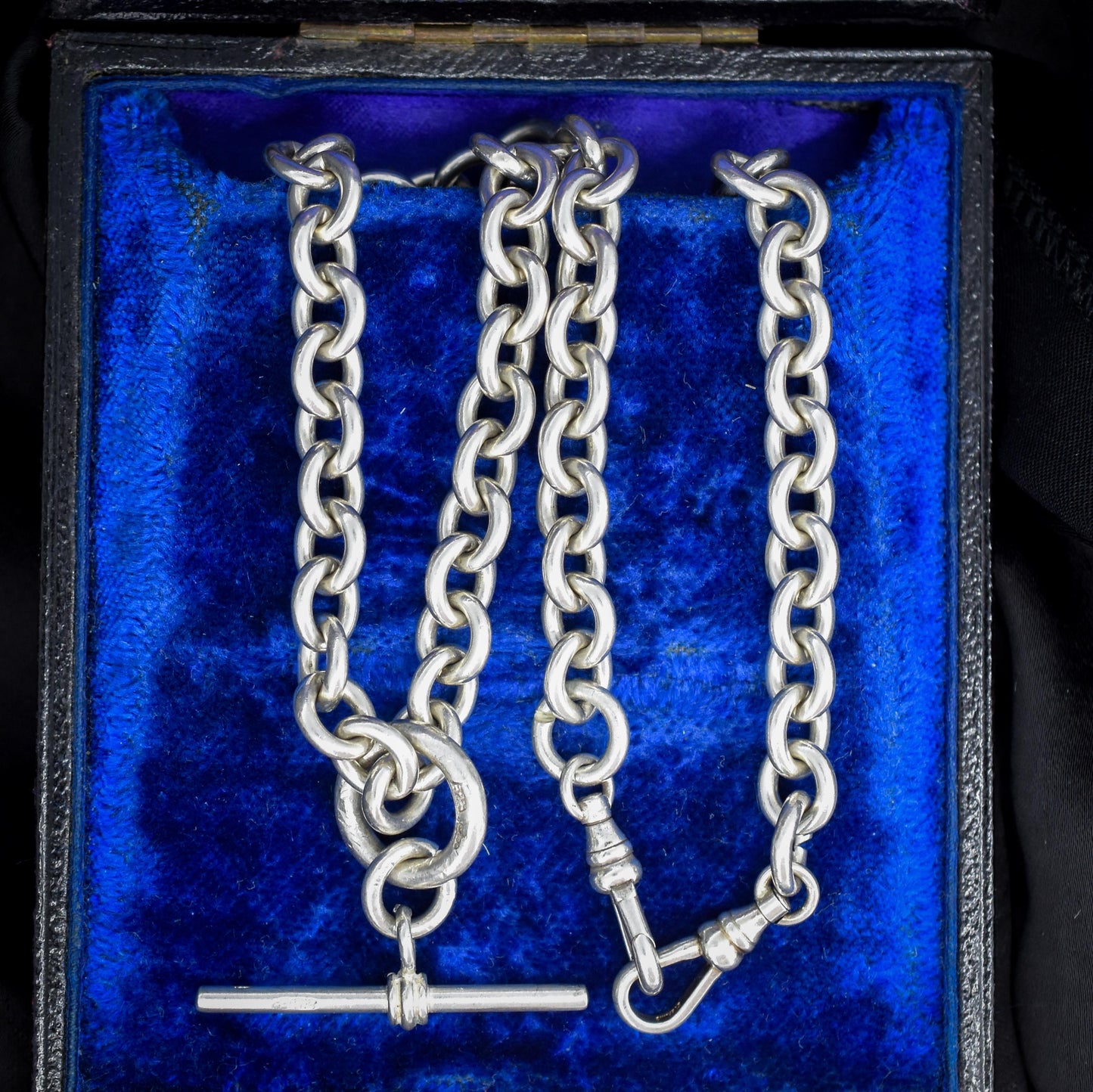 Vintage Sterling Silver Cable Link Watch Chain Necklace with T-Bar and Dog Clips – 15.5"