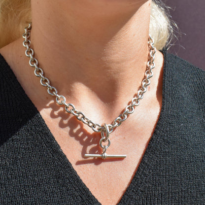 Vintage Sterling Silver Cable Link Watch Chain Necklace with T-Bar and Dog Clips – 15.5"