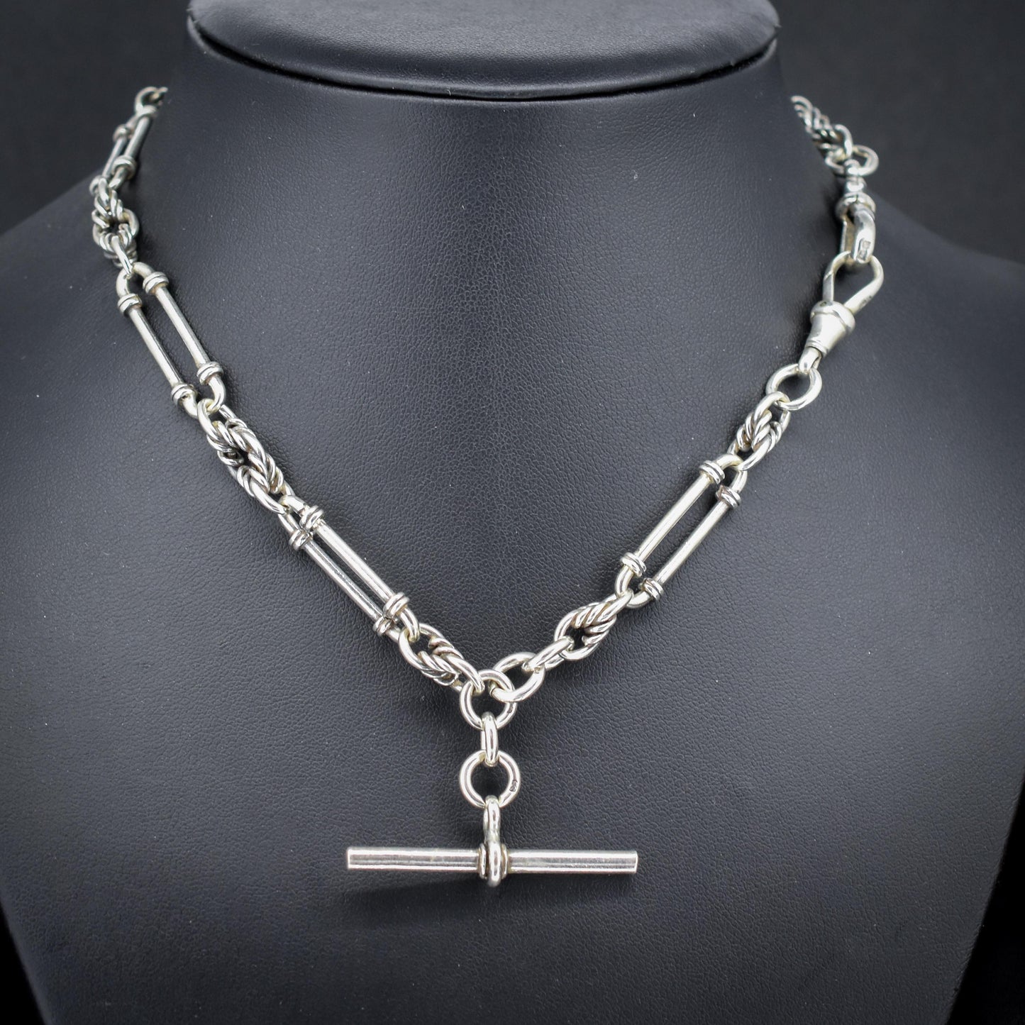 Antique '1902' Sterling Silver Trombone and Love Knot Albert Chain Necklace | 15.5"
