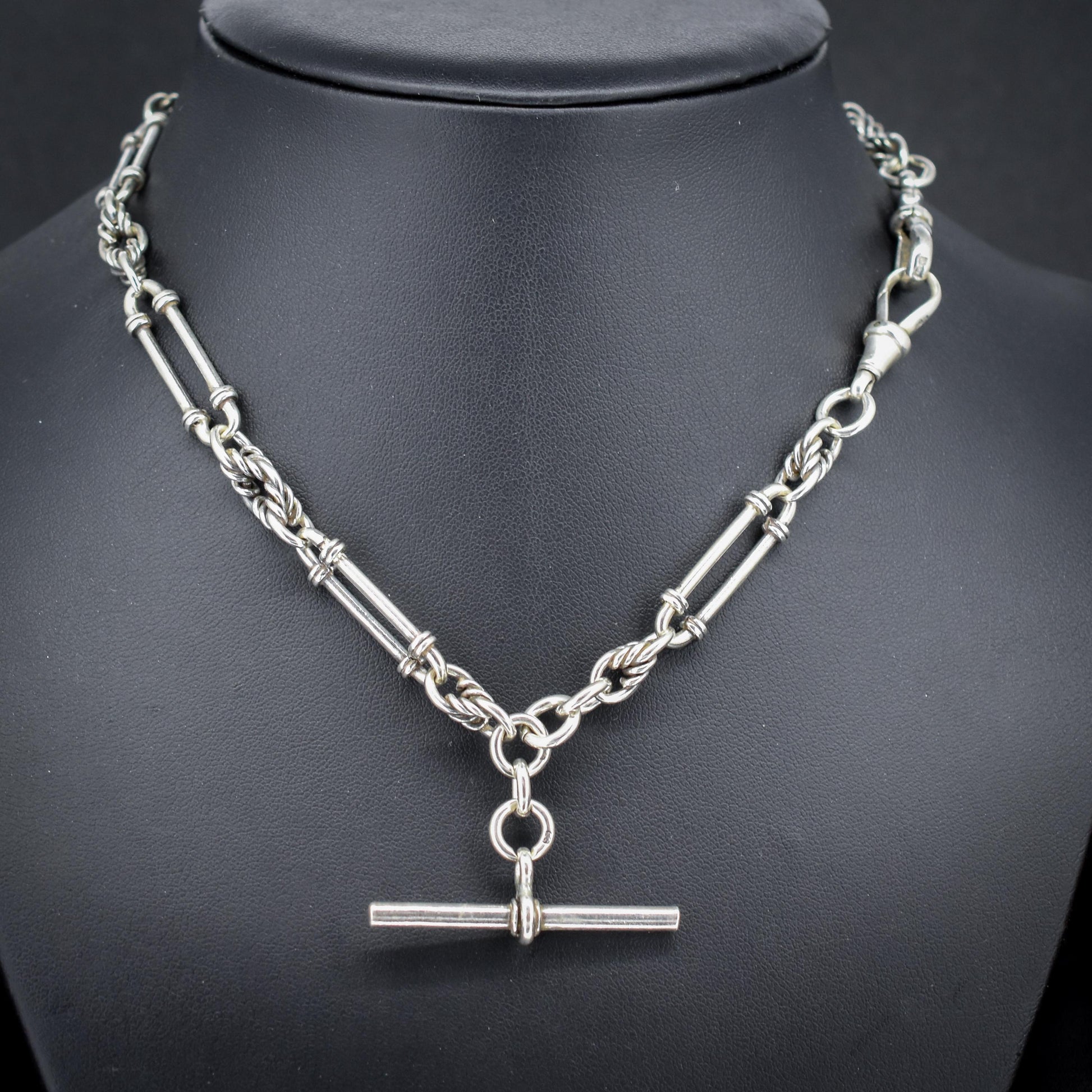 Antique '1902' Sterling Silver Trombone and Love Knot Albert Chain Necklace | 15.5"
