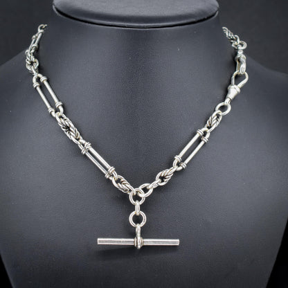 Antique '1902' Sterling Silver Trombone and Love Knot Albert Chain Necklace | 15.5"