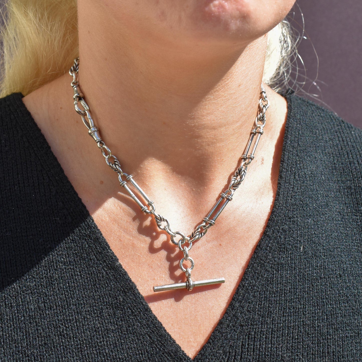 Antique '1902' Sterling Silver Trombone and Love Knot Albert Chain Necklace | 15.5"