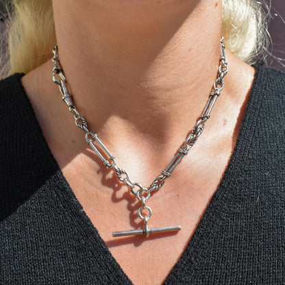 Antique '1902' Sterling Silver Trombone and Love Knot Albert Chain Necklace | 15.5"