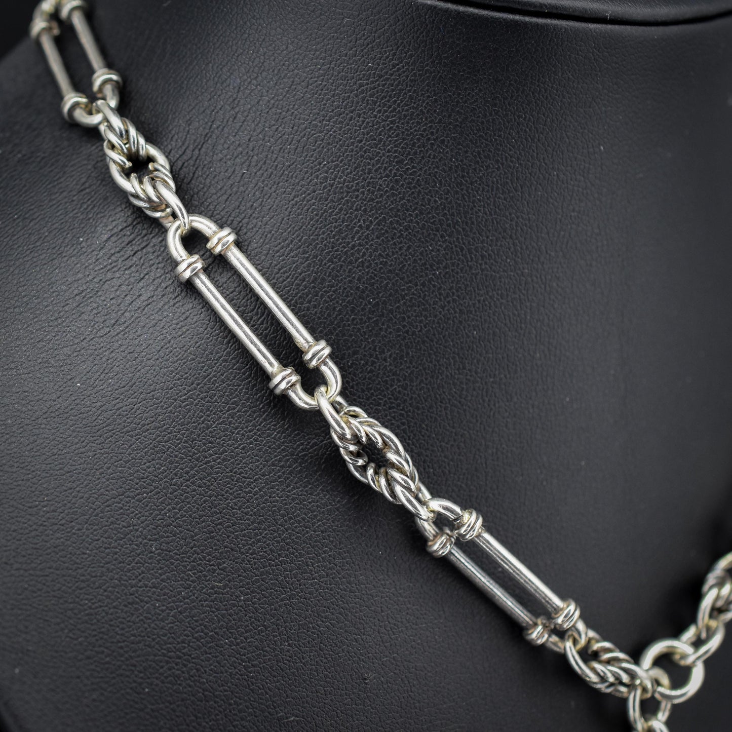 Antique '1902' Sterling Silver Trombone and Love Knot Albert Chain Necklace | 15.5"