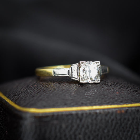 Art Deco 0.52ct Old Cut Diamond Square Solitaire 18ct Gold Engagement Ring