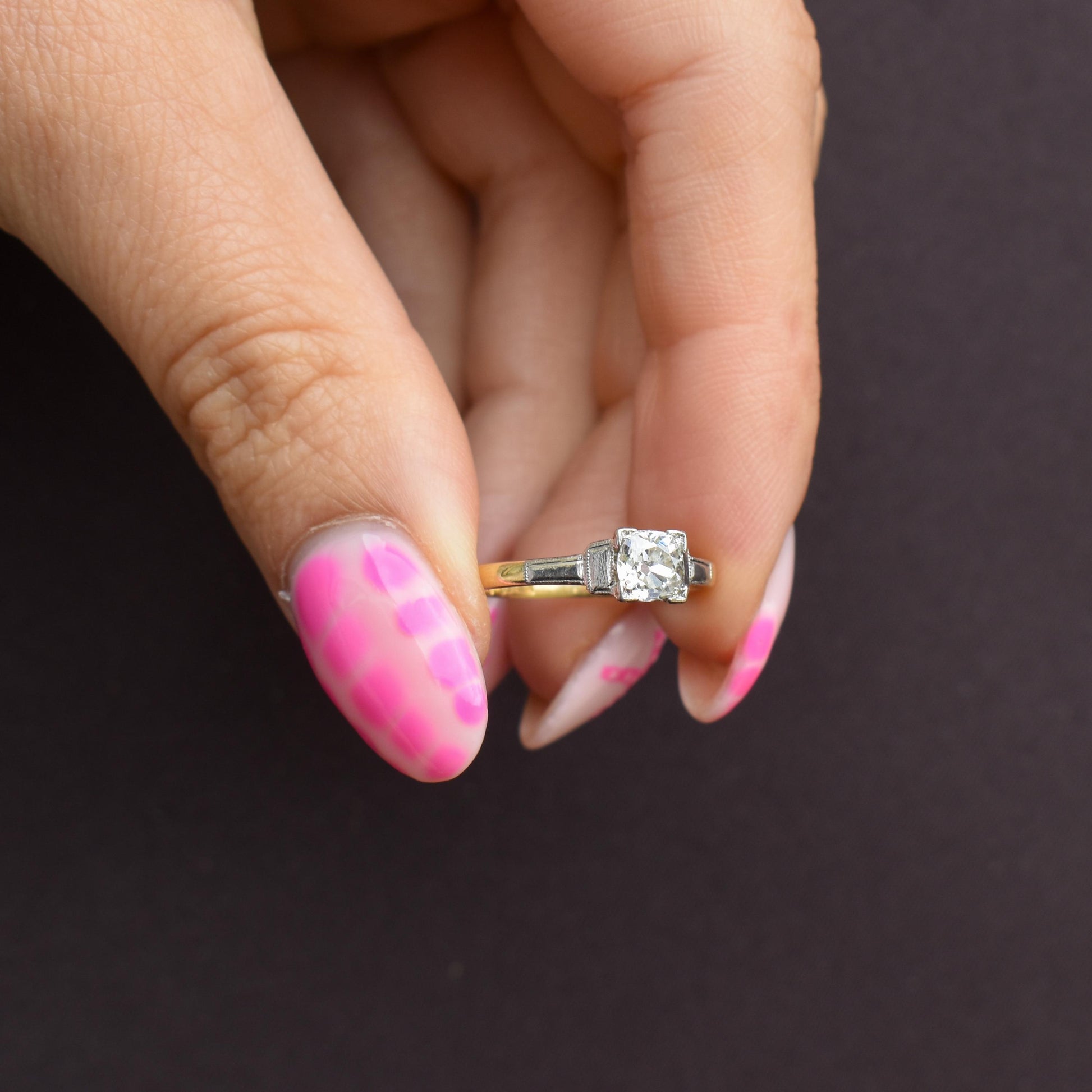 Art Deco 0.52ct Old Cut Diamond Square Solitaire 18ct Gold Engagement Ring