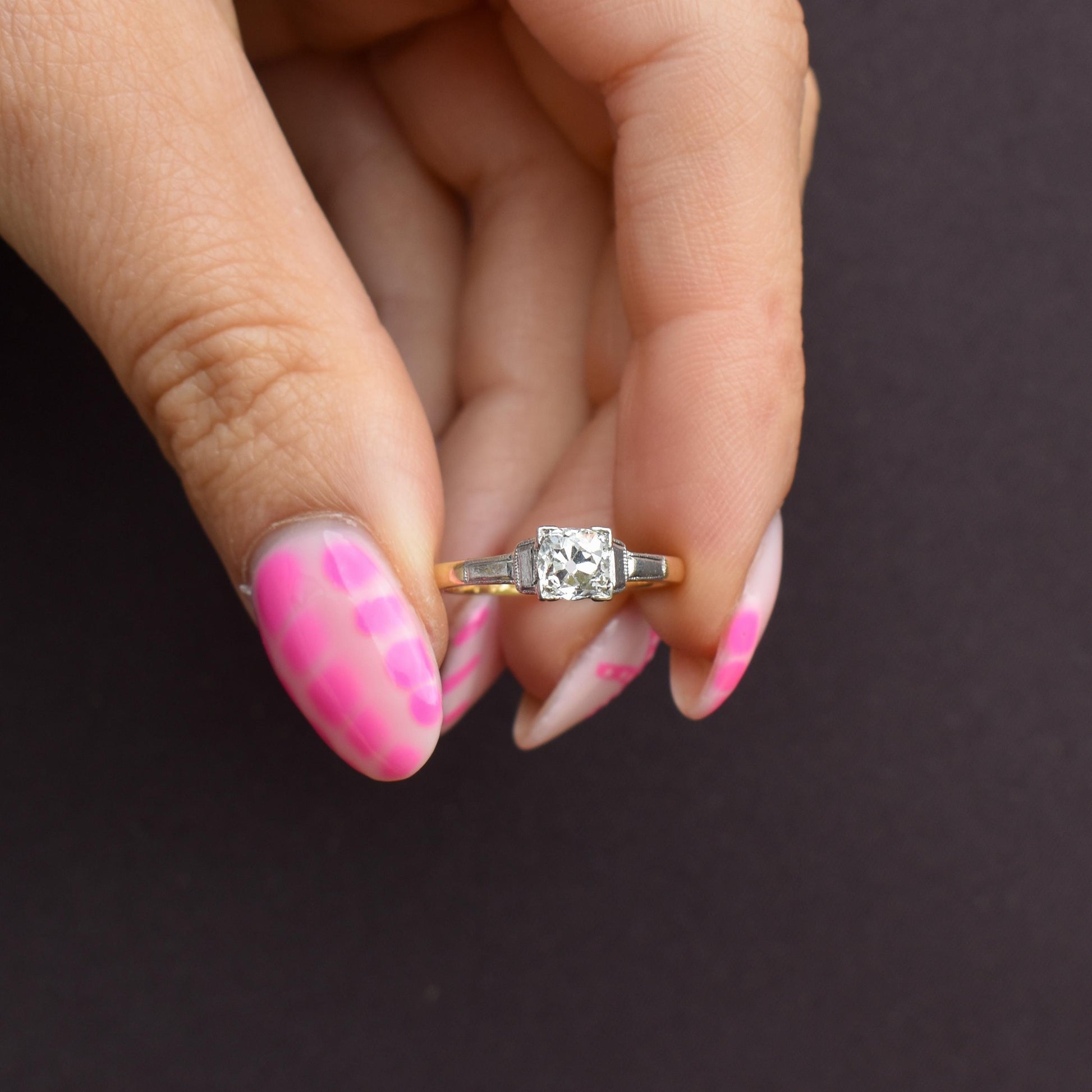 Art Deco 0.52ct Old Cut Diamond Square Solitaire 18ct Gold Engagement Ring