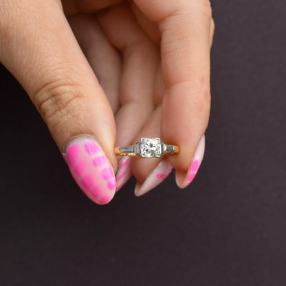 Art Deco 0.52ct Old Cut Diamond Square Solitaire 18ct Gold Engagement Ring