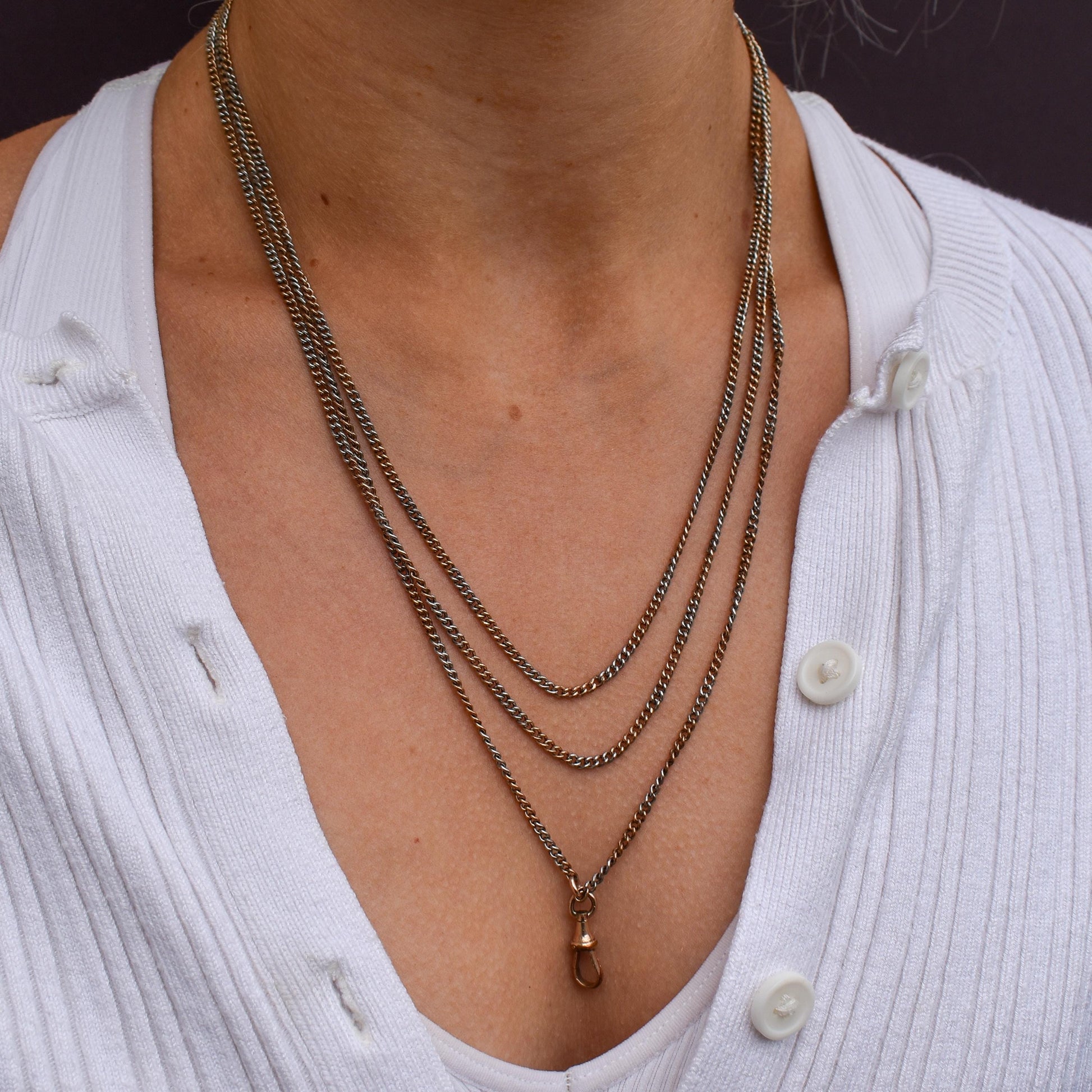 Antique Multi Tone Curb Long Guard Chain Necklace with Dog Clip | 62" length