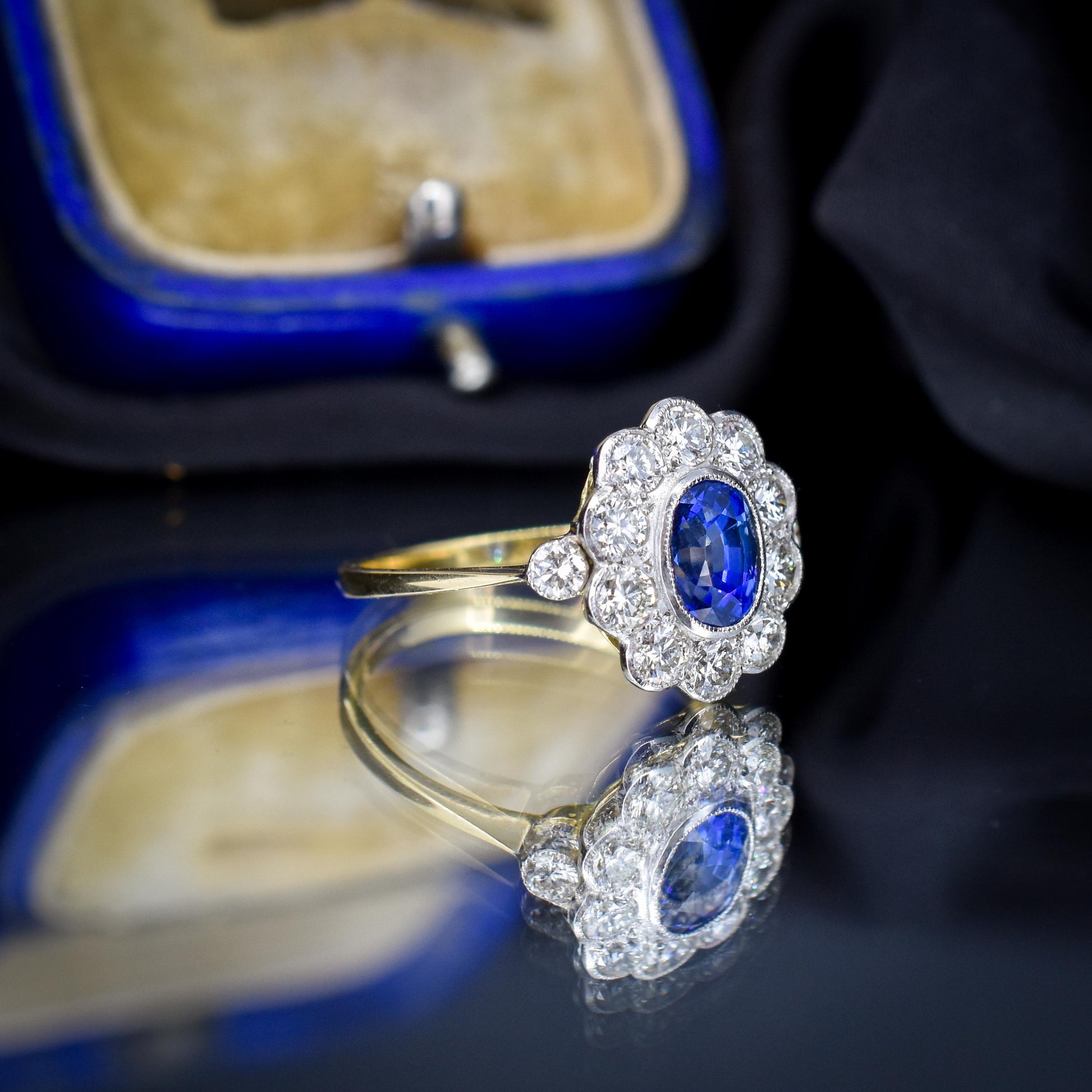 Edwardian Style 1.08ct Blue Sapphire and Diamond Oval Cluster Halo Ring