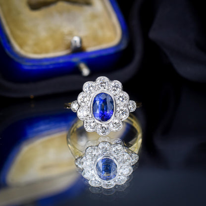 Edwardian Style 1.08ct Blue Sapphire and Diamond Oval Cluster Halo Ring