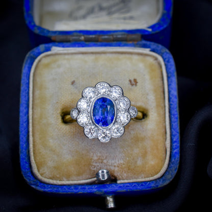 Edwardian Style 1.08ct Blue Sapphire and Diamond Oval Cluster Halo Ring