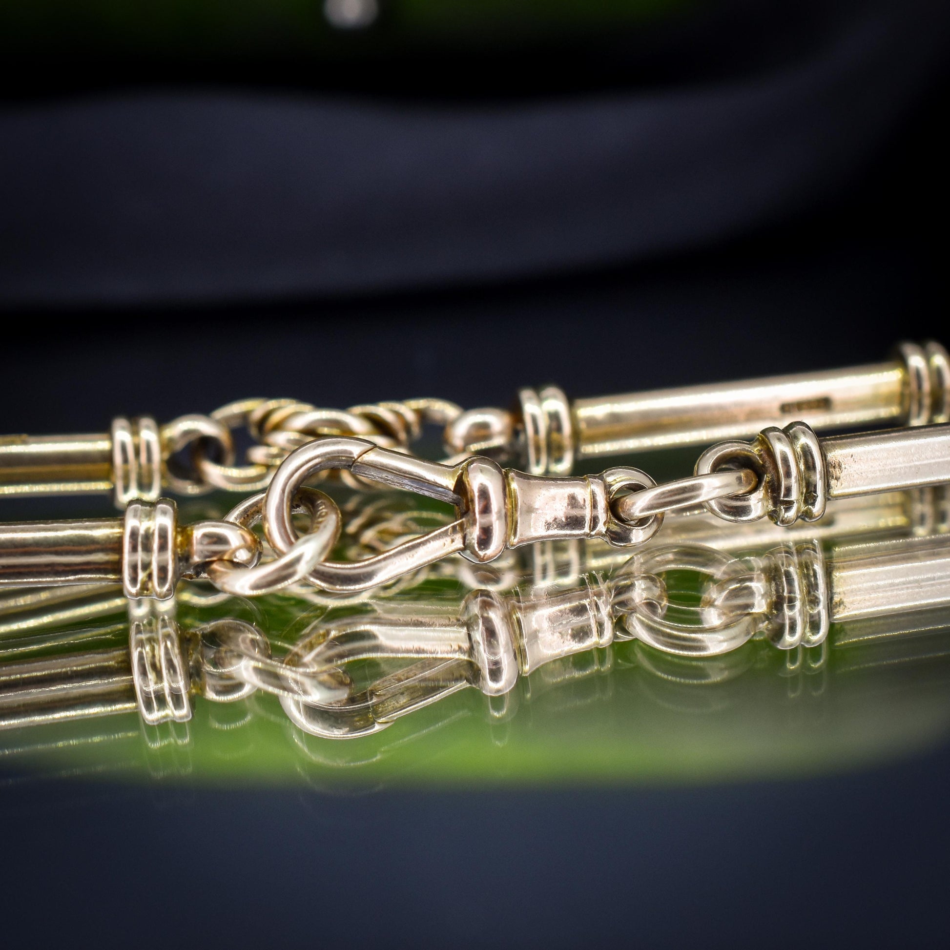 Antique 9ct Gold Tubular Bar and Love Knot Link Bracelet with Dog Clip 8"