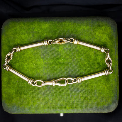 Antique 9ct Gold Tubular Bar and Love Knot Link Bracelet with Dog Clip 8"