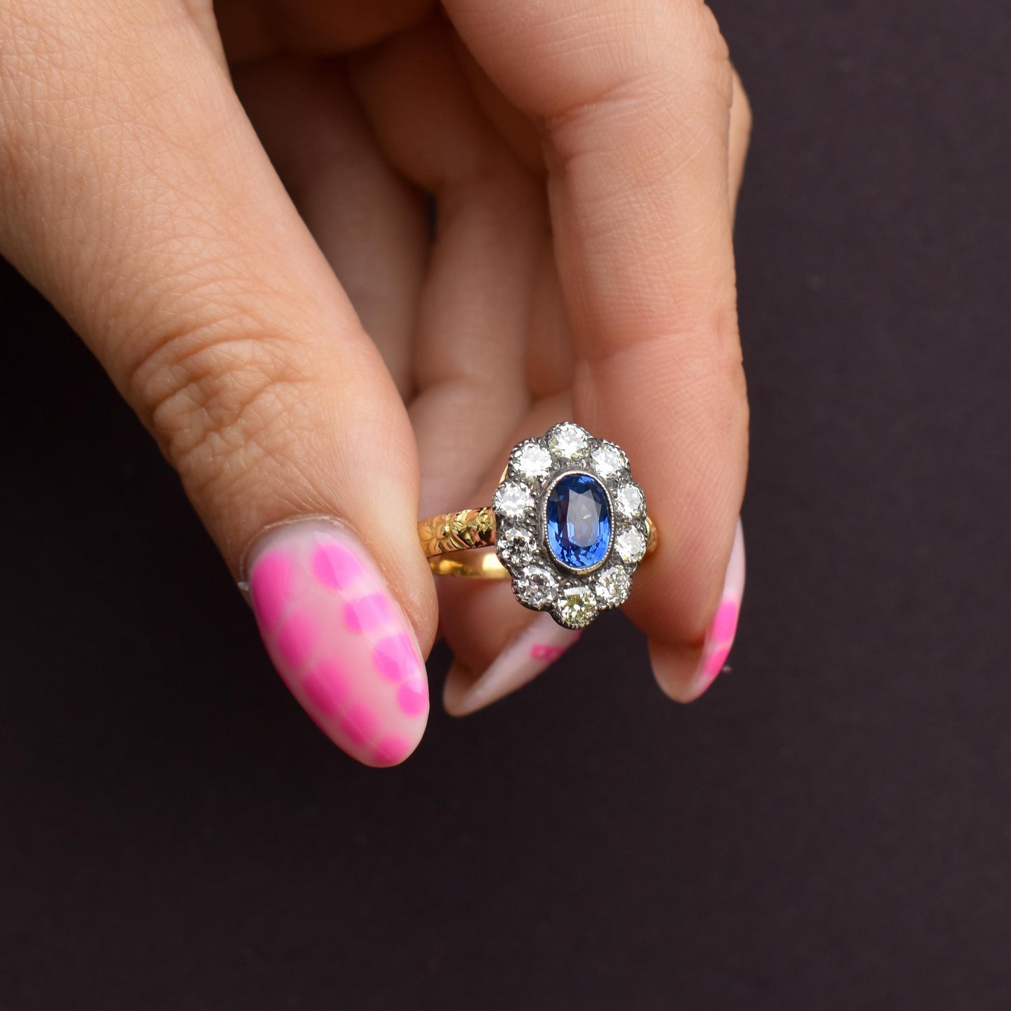 0.88ct Blue Sapphire and Diamond Oval Cluster 18ct Gold Ring