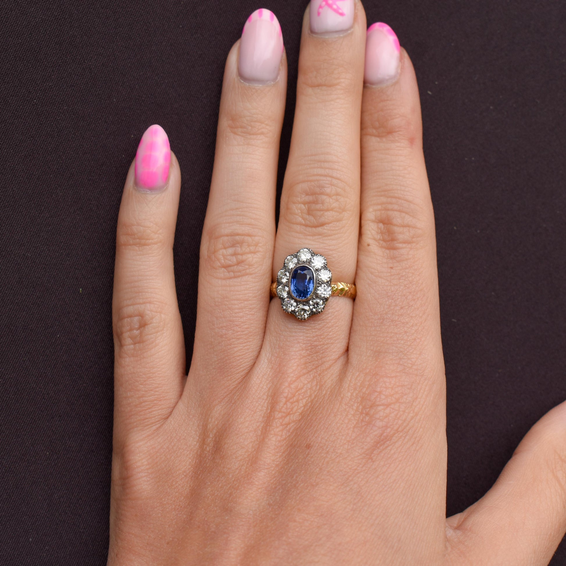 0.88ct Blue Sapphire and Diamond Oval Cluster 18ct Gold Ring
