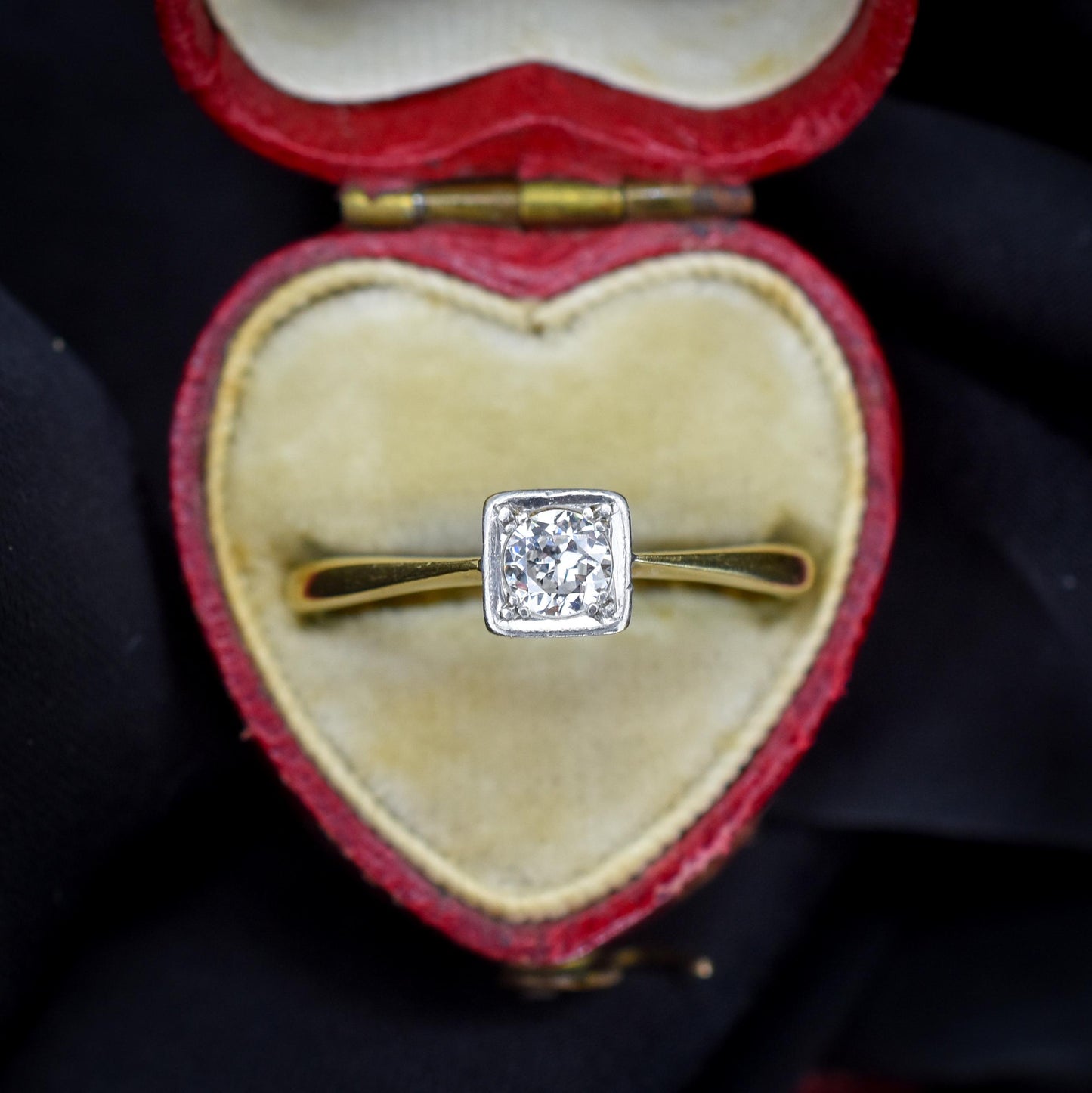 Antique 0.30ct Old Cut Diamond Square Solitaire 18ct Gold Engagement Ring