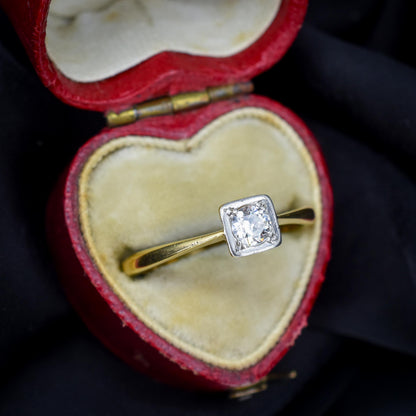 Antique 0.30ct Old Cut Diamond Square Solitaire 18ct Gold Engagement Ring
