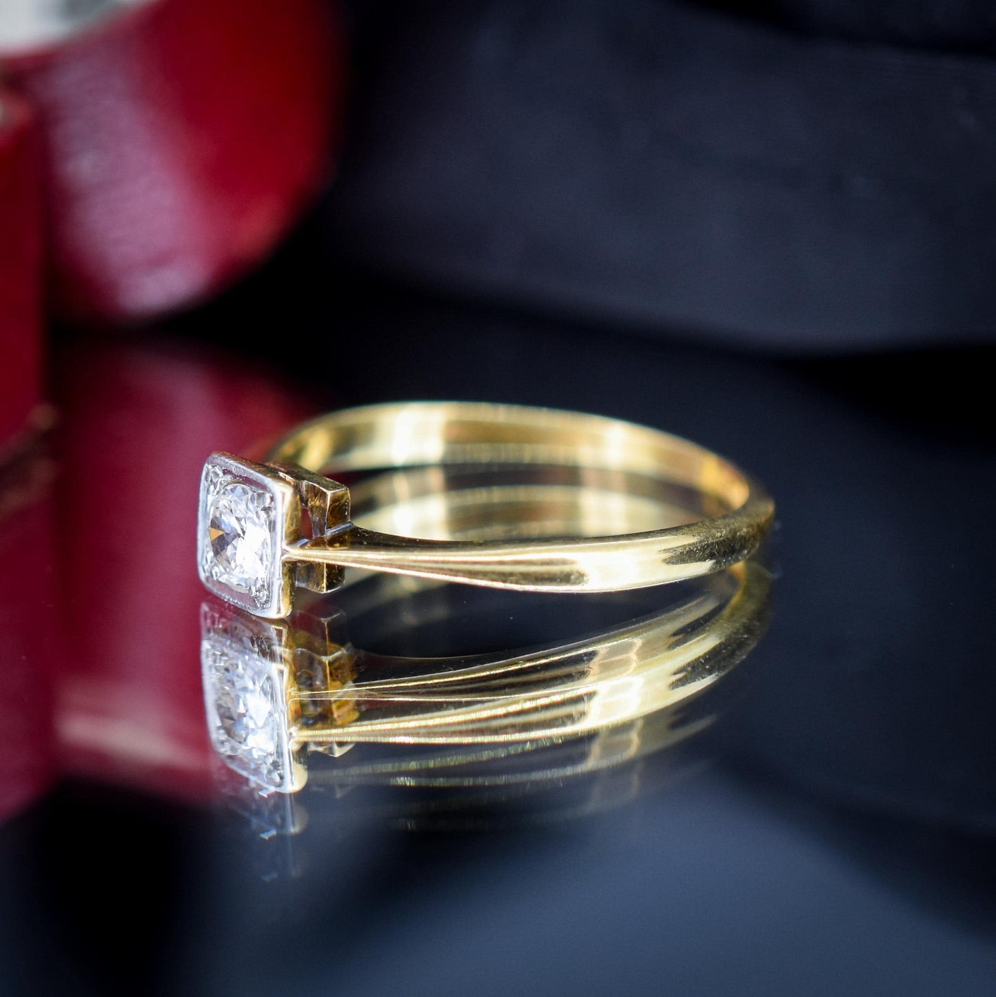 Antique 0.30ct Old Cut Diamond Square Solitaire 18ct Gold Engagement Ring