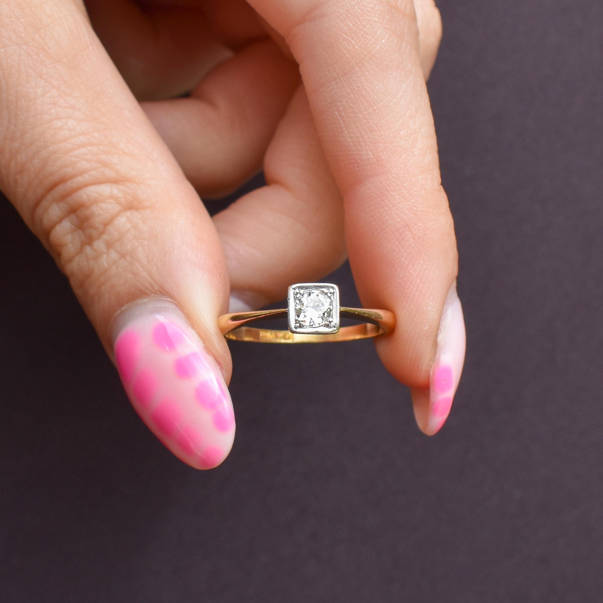 Antique 0.30ct Old Cut Diamond Square Solitaire 18ct Gold Engagement Ring